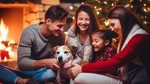 Lovely Family Parent And Kid With Animal Pet Dog Stay Together In Chrsitmas Festive Celebrate Night At Home Living Room Full Of Decorating Joyfel Happiness Moment