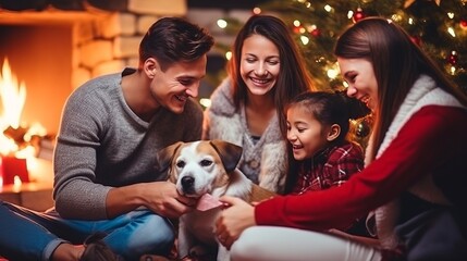 lovely family parent and kid with animal pet dog stay together in chrsitmas festive celebrate night at home living room full of decorating joyfel happiness moment