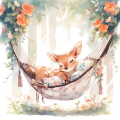 Wall Mural - A sleepy baby deer in a hammock. watercolor illustration.