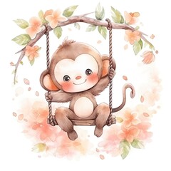 Wall Mural - Cute happy baby monkey on swings on a tree in watercolor.