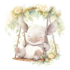 Wall Mural - Cute happy baby rhino on swings in the tree in watercolor style.