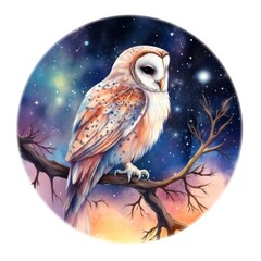 Wall Mural - Watercolor magical owl sitting on a tree branch for T-shirt Design.