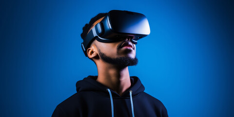 Wall Mural - virtual reality augmented vr goggle headset male experience future technology entertainment lifestyle adult male wear vr studio shot n dark background