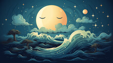 Cartoon Round Moon On Blue Sky Background, Art Character, Good Night Kids