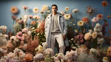 Fototapeta  - Hombre latino vistiendo moda primaveral rodeado de flores con un abrigo gris colores pastel