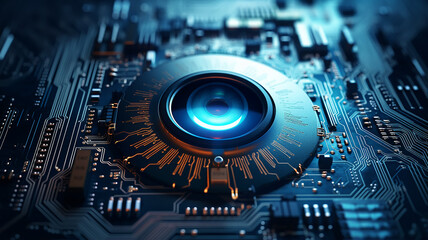 gadget computer eye, fantastic surveillance device, unusual surveillance camera concept of surveillance and recognition systems