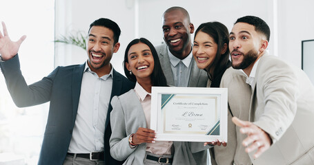 Canvas Print - Business people, woman and certificate in office, presentation or teamwork for performance, goal or success. African CEO, happy employee group and diploma for achievement, thanks or award at workshop