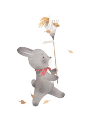  Cute bunny walks in the garden. Watercolor illustration. Hare gardener cleaning the garden.