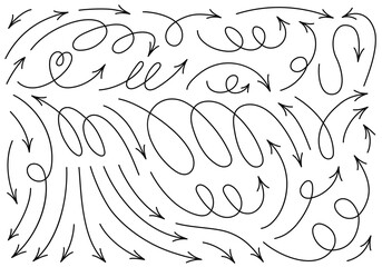 Wall Mural - hand drawn thin line dynamic arrows set. vector black design elements isolated on white background.