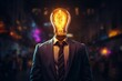 A lightbulb in a suit with fiery background radiates entrepreneurial brilliance