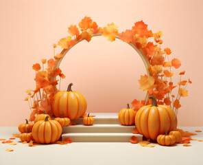 Wall Mural - Round podium and pedestal for display product presentation in Autumn theme background with pumpkins and leaves, Thanksgiving celebrate promotion