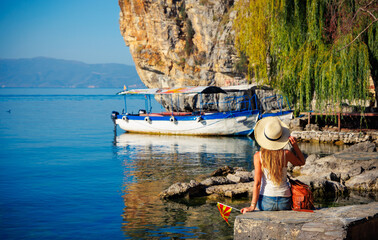 Wall Mural - Traveler woman in Macedonia- Ohrid lake