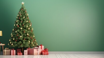 Wall Mural -  a christmas tree with presents under it in front of a green wall.  generative ai