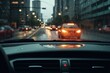 Raindrops on the car window, city in the bokeh background. Generative AI