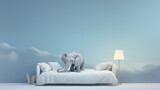 Fototapeta Dziecięca - A very cute little elephant lies on a blue bed. Image of a cute, minimalist watercolor style. Generative ai