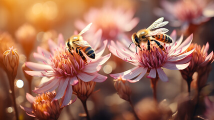 bees pollinate flowers in the morning fog of the last days of summer, landscape, silence and beauty of wildlife in early autumn