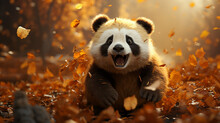 Cute Wild Panda Chinese Bear In The Autumn Landscape Of The Forest, Running Enjoying And Scattering Autumn Leaves Fallen In The Wind