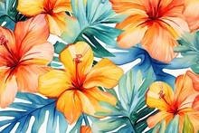 Tropical Pattern With Bright Hibiscus Flowers And Exotic Palm Leaves On White Background. Exotic Floral Jungle Backdrop. Botanical Wallpaper In Hawaiian Style