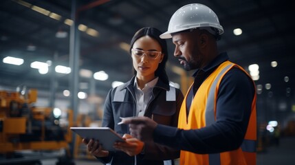 Wall Mural - Male Specialist and Car Factory Engineer in High Visibility Vests Using Tablet Computer.Automotive Industrial Manufacturing Facility Working on Vehicle Production.Diversity on Assembly Plant.