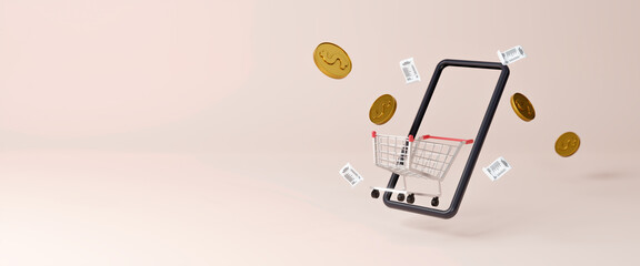 Smartphone with shopping cart and electronic receipt, cashless payment concept, ecommerce and business concept, marketplace, web stores, online shopping and shipping. Copy space. 3d rendering