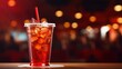 © prastiwi - Cola with ice cubes in plastic glass blurred background. AI generated image