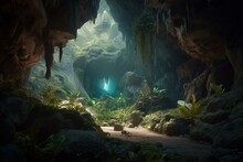 A Breathtaking Hidden Cave With Glowing Crystals And Shimmering Gems At Sunrise, Blending Fantasy And Serenity. Generative AI