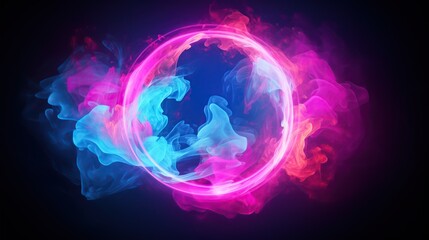 Wall Mural - Empty circle smoke shape on neon light background, AI generated image