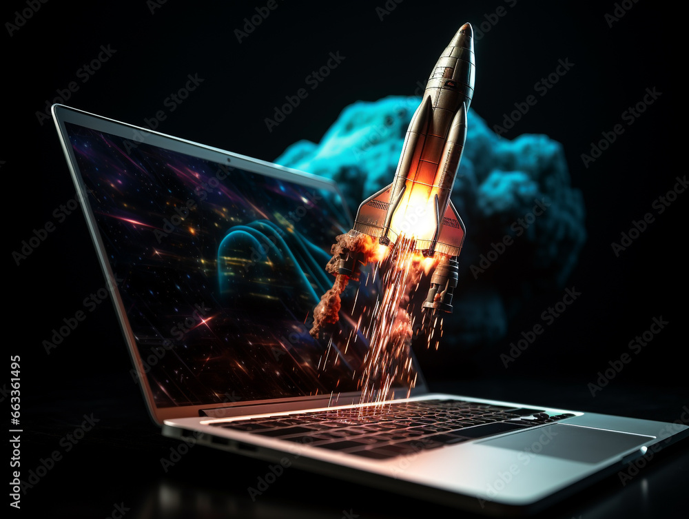 Startup and motivational concept with rocket flying out of laptop ...