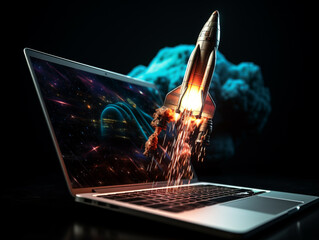 Startup and motivational concept with rocket flying out of laptop screen on black background