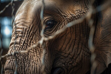 Close Up Of Sad Caged Elephant Behind Bars