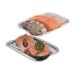 Salmon, fresh shrimp in a plastic plate cut out isolated transparent background