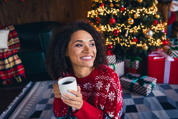 Sticker - Photo of charming dreamy girl wear red ornament sweater enjoying delicious mulled wine cozy home magic season weekend time room indoors