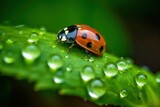 Fototapeta Mapy - Beautiful macro of ladybug crawling on leave with water drops