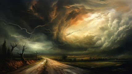 Wall Mural - drawing of a tornado on the road in a field sunset colors.