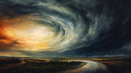Wall Mural - drawing of a tornado on the road in a field sunset colors.