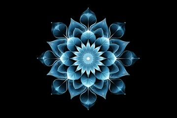 Blue mandala concentric flower center kaleidoscope isolated on dark background, crystal systematic art design pattern