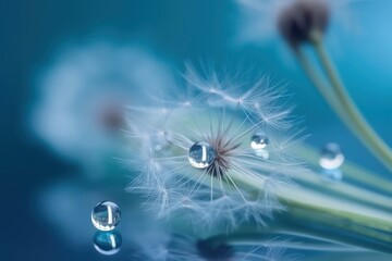 Poster - Dandelion Seeds in the drops of dew on a beautiful blurred blue background,abstract art about nature wallpaper background