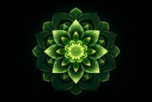 Green Mandala Concentric Flower Center Kaleidoscope Isolated On Dark Background, Crystal Systematic Art Design Pattern