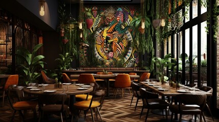 Wall Mural - Exotic ethnic boho style restaurant interior with tribal decoration