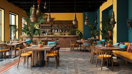 Wall Mural - Exotic ethnic boho style restaurant interior with tribal decoration