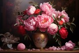 Crimson and pink peonies bouquet depicted as a printable square oil painting in a baroque style. Generative AI