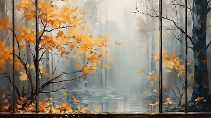 Wall Mural - oil painting view from the window to the park with yellow leaves impressionism.
