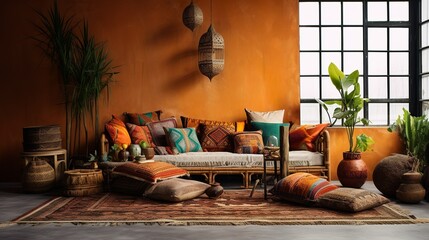 Wall Mural - Ethnic boho style living room with colorful furnitures and tribal decoration