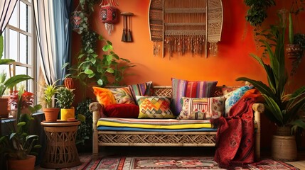 Wall Mural - Ethnic boho style living room with colorful furnitures and tribal decoration