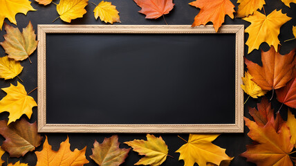Wall Mural - background frame school chalkboard black framed with yellow autumn leaves.