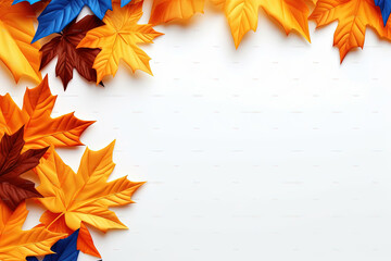 Wall Mural - Autumn Orange orange and blue leaves Frame, Copy Space, white background