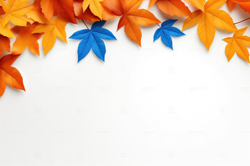 Wall Mural - Autumn Orange orange and blue leaves Frame, Copy Space, white background