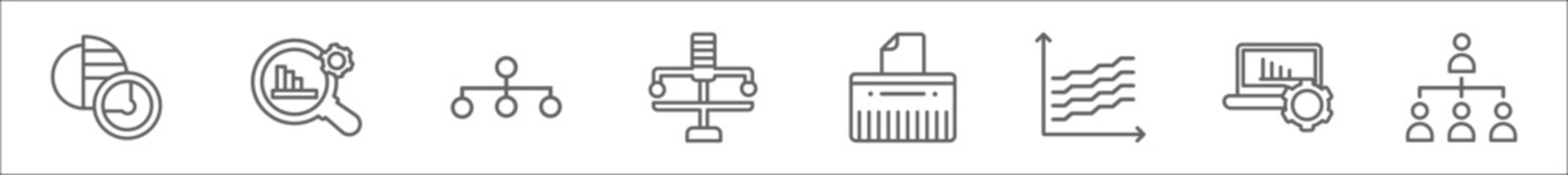 Wall Mural - outline set of business line icons. linear vector icons such as data analytics circular, market research, data analytics flow, variety, paper shredder, data wave, laptop with analysis, organization
