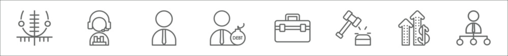 Poster - outline set of business line icons. linear vector icons such as tangent, service, worker, debt, suitcase, auction, mortgage statistics, department head