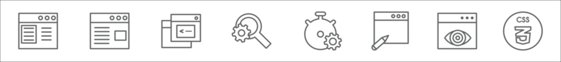 Wall Mural - outline set of programming line icons. linear vector icons such as web development, web page, console, search engine, optimization, copyright, visibility, css